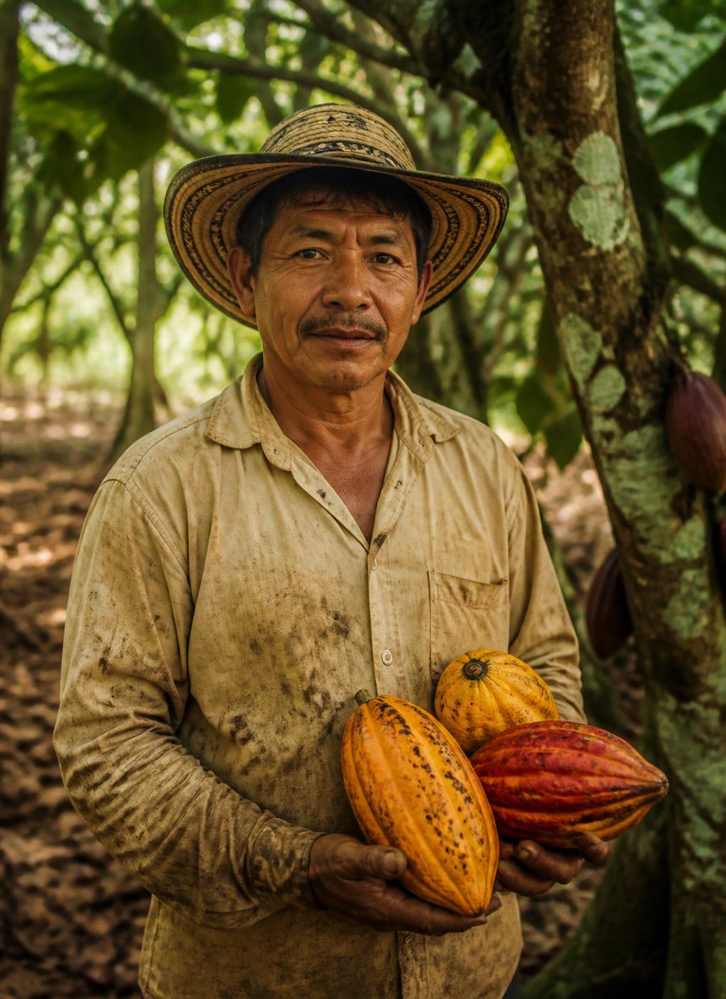 Productor colombiano sosteniendo mazorcas de cacao fino de aroma recién cosechadas